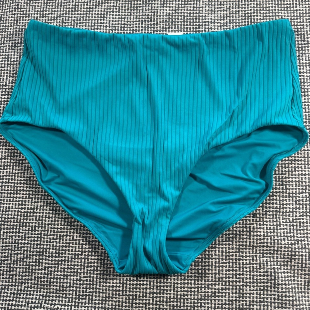 Calia Carrie Underwood Womens High Waisted Ribbed Bikini Bottoms Teal Blue Med